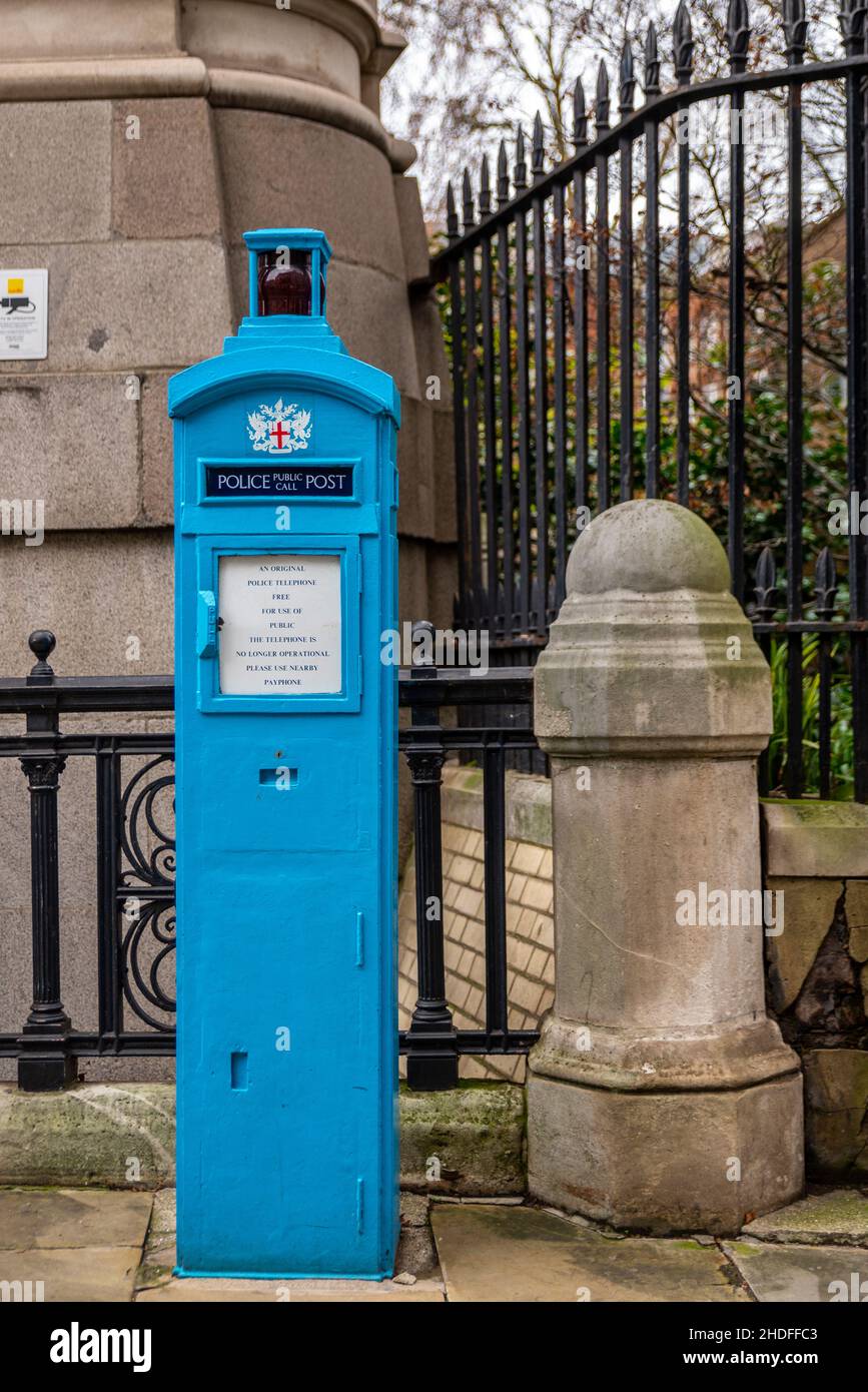 Blue Police telephone box on St Martins Le Grand, London Stock Photo
