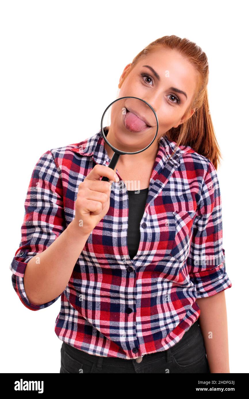 sticking out tongue, student, magnifying glass, poking tongues, sticking out tongues, students Stock Photo