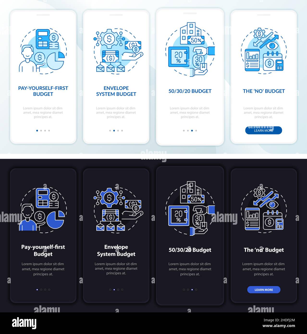 Budget approaches night and day mode onboarding mobile app screen Stock ...