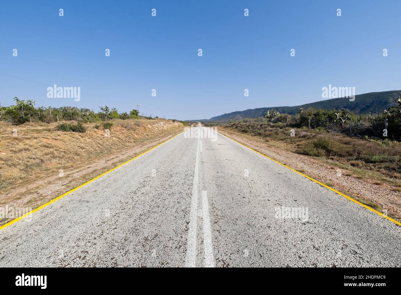 Tar road stretching through the scenic South African Karoo countryside ...