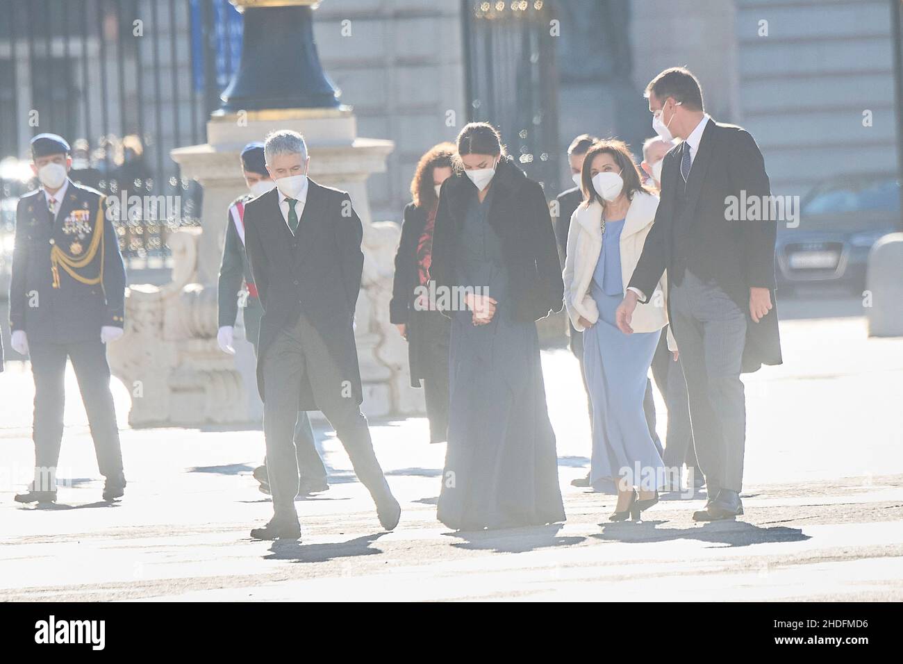 Madrid. Spain. 20220106,  Queen Letizia of Spain, Pedro Sanchez, Prime Minister, Margarita Robles, Fernando Grande Marlaska attends New Year's Military Parade 2022 at Royal Palace on January 6, 2022 in Madrid, Spain Credit: MPG/Alamy Live News Stock Photo