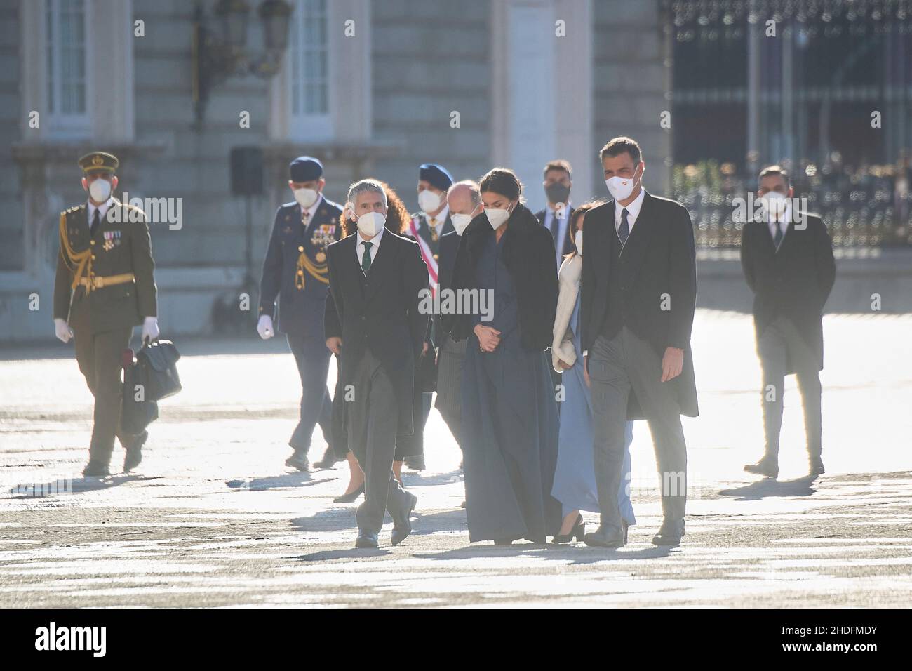 Madrid. Spain. 20220106,  Queen Letizia of Spain, Pedro Sanchez, Prime Minister, Margarita Robles, Fernando Grande Marlaska attends New Year's Military Parade 2022 at Royal Palace on January 6, 2022 in Madrid, Spain Credit: MPG/Alamy Live News Stock Photo