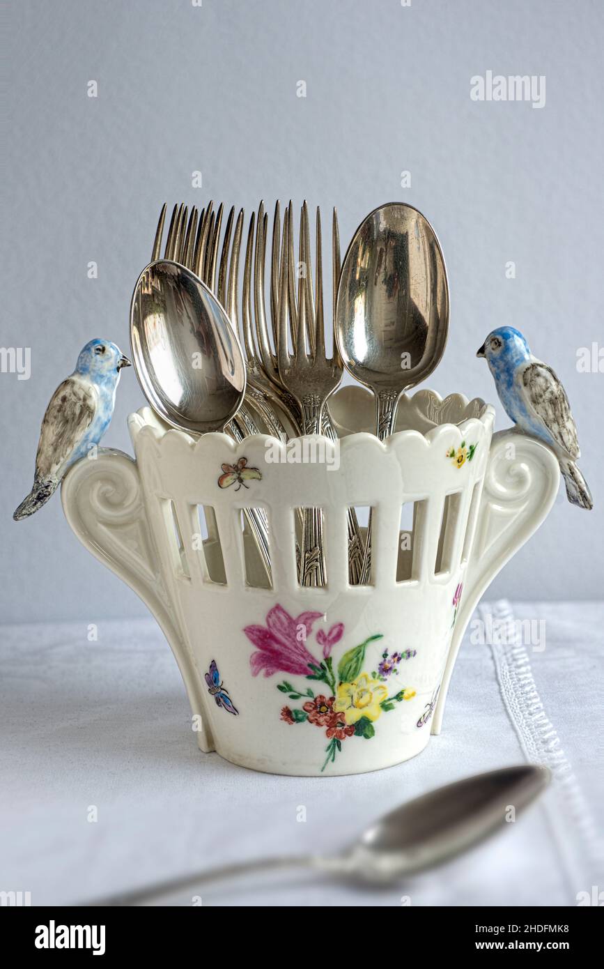 bone china, silver cutlery, bone chinas, china, silver cutleries Stock Photo
