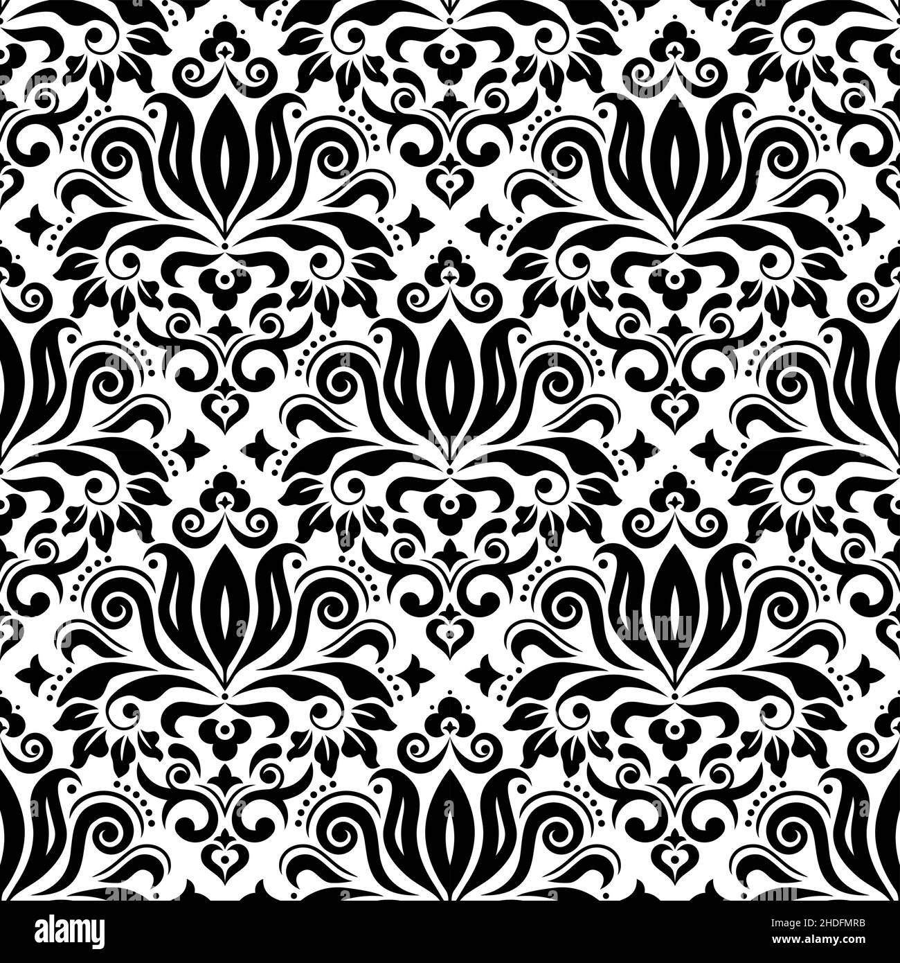 Classic Damask wallpaper or fabric print vector seamless pattern, retro textile black and white design with floral motif background Stock Vector