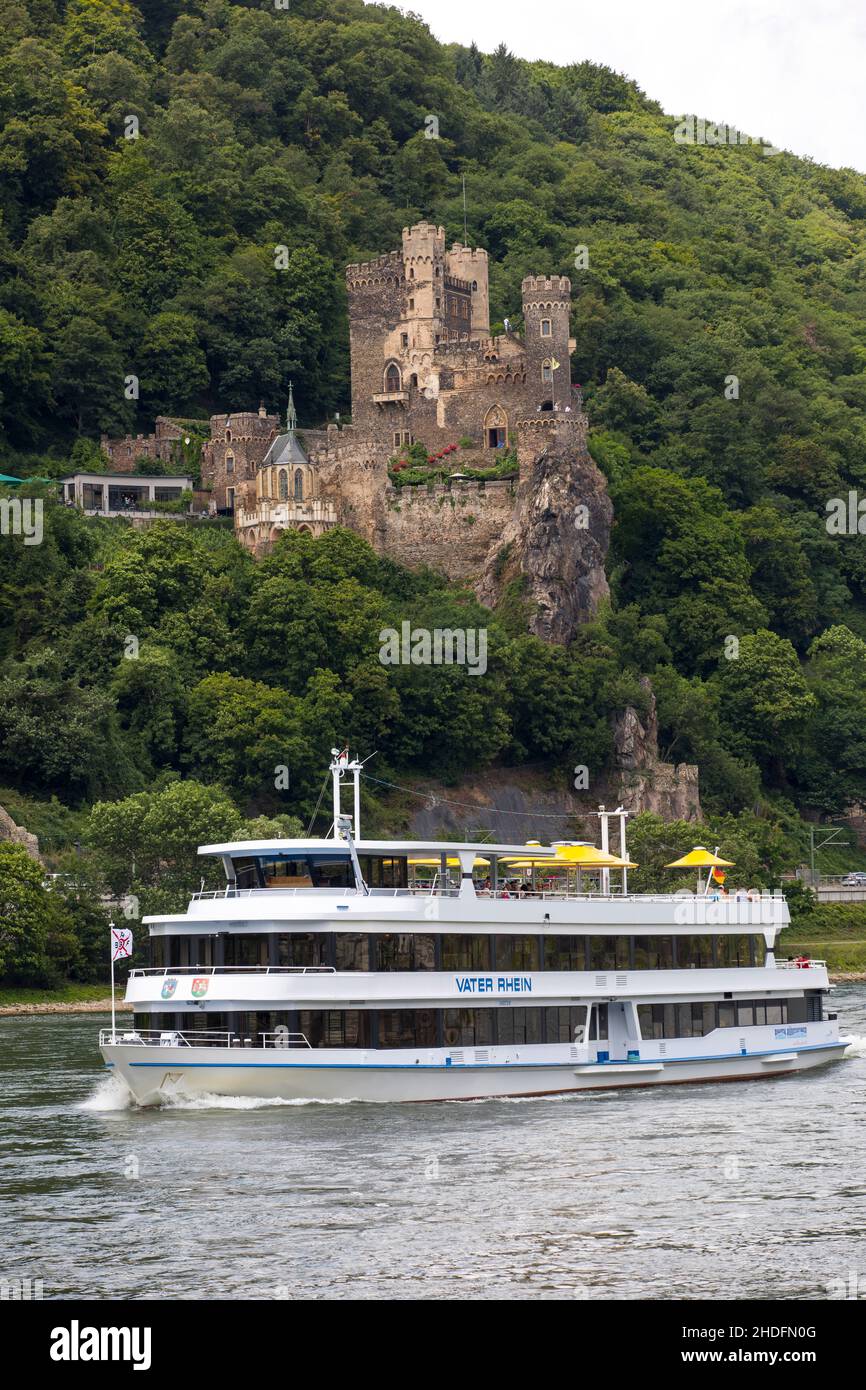 Trip with the excursion boat Vater Rhein in the Upper Middle Rhine Valley, UNESCO World Heritage Site, Rheinstein Castle, Rhineland-Palatinate, German Stock Photo