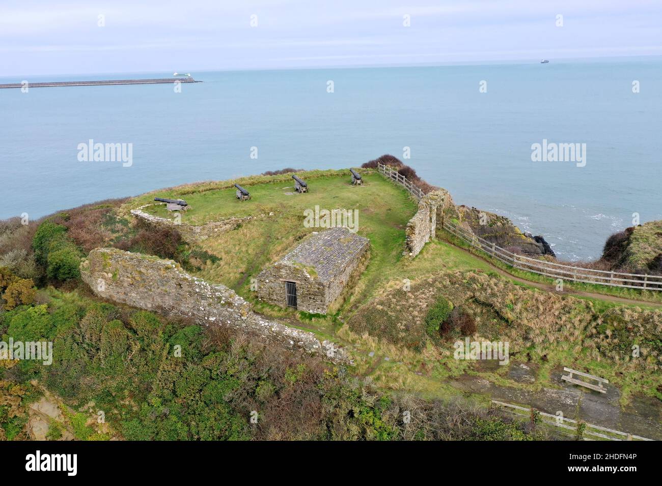 Aerial Photograph of Fishguard Hill Fort, Aerial Drone Photograph, Sea, Cliffs, Goodwick, Pembrokeshire. Stock Photo