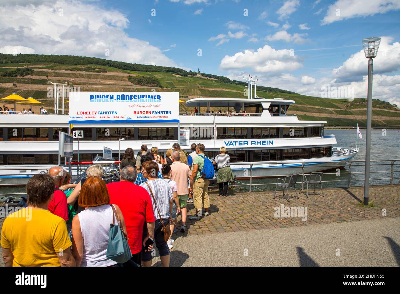 Trip with the excursion boat Vater Rhein in the Upper Middle Rhine Valley, UNESCO World Heritage Site, mooring in Bingen, vineyards, Rhineland-Palatin Stock Photo