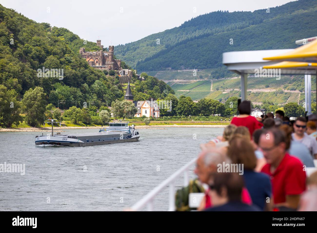Trip with the excursion boat Vater Rhein in the Upper Middle Rhine Valley, UNESCO World Heritage Site, Rheinstein Castle, Rhineland-Palatinate, German Stock Photo