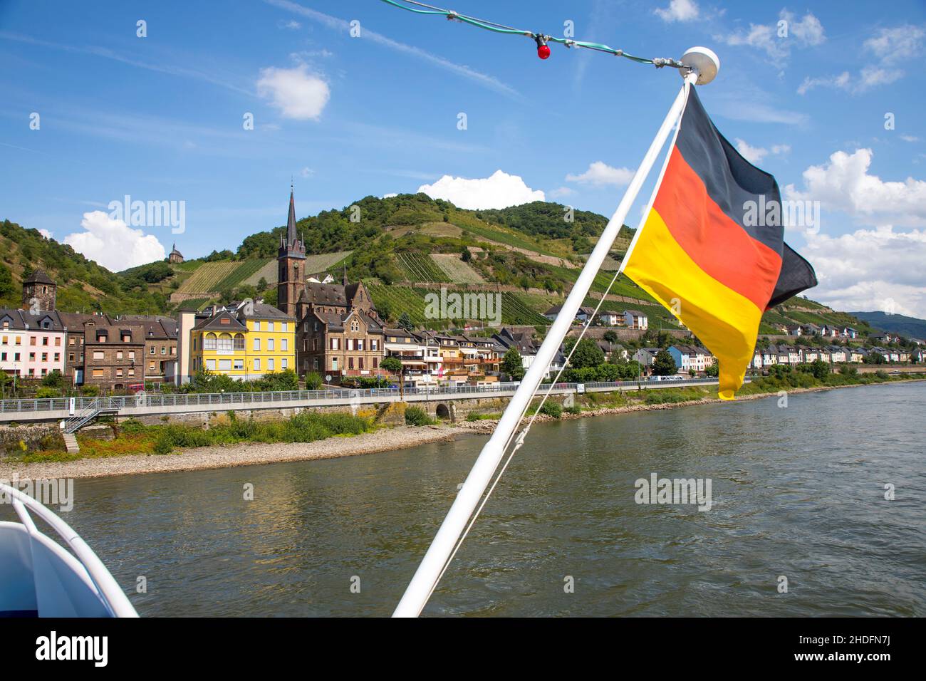 Trip with the excursion boat Vater Rhein in the Upper Middle Rhine Valley, UNESCO World Heritage Site, the town of Lorch, Hesse, Germany Stock Photo