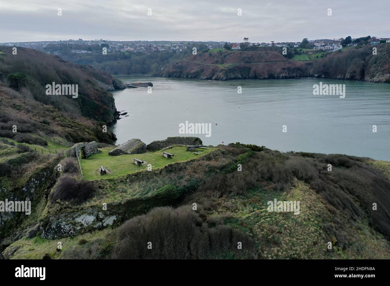 Aerial Photograph of Fishguard Hill Fort, Aerial Drone Photograph, Sea, Cliffs, Goodwick, Pembrokeshire. Stock Photo