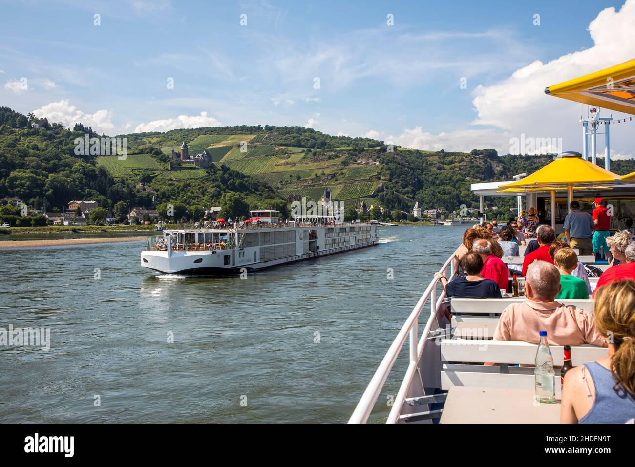 Trip with the excursion boat Vater Rhein in the Upper Middle Rhine Valley, UNESCO World Heritage Site, the town of Lorch, Hesse, Germany Stock Photo