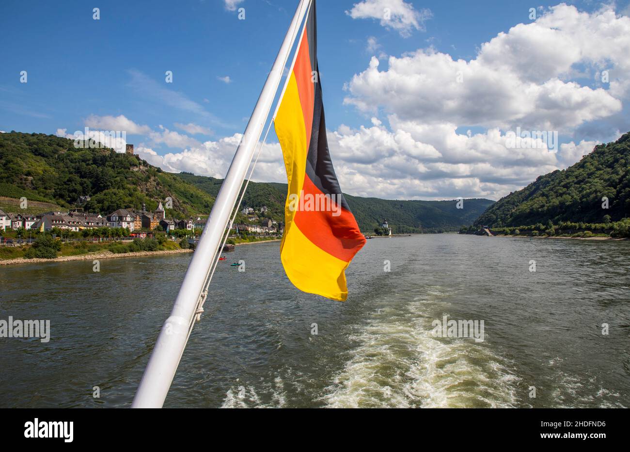 Trip with the excursion boat Vater Rhein in the Upper Middle Rhine Valley, UNESCO World Heritage Site, the town of Kaub,  Rhineland-Palatinate, German Stock Photo