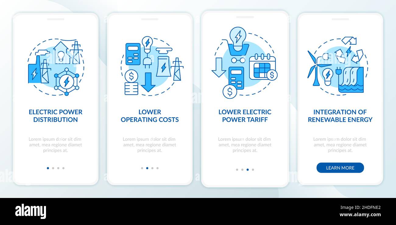 Smart grid characteristics blue onboarding mobile app screen Stock ...