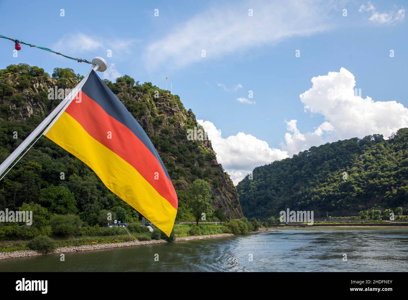 Trip with the excursion boat Vater Rhein in the Upper Middle Rhine Valley, UNESCO World Heritage Site, at the Loreley Rock, Rhineland-Palatinate, Germ Stock Photo