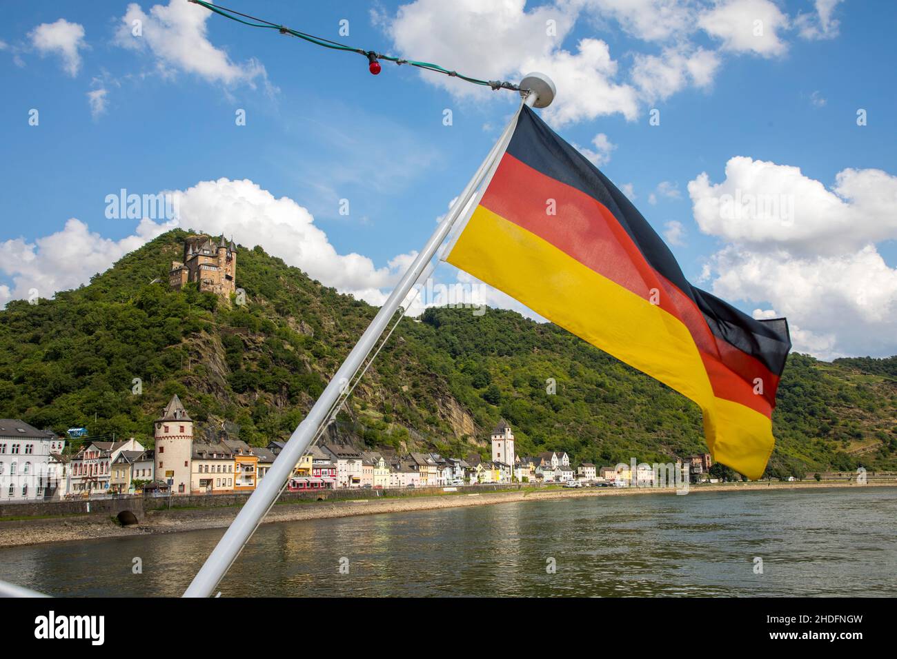 Trip with the excursion boat Vater Rhein in the Upper Middle Rhine Valley, UNESCO World Heritage Site, Katz Castle, St. Goarshausen, Rhineland-Palatin Stock Photo