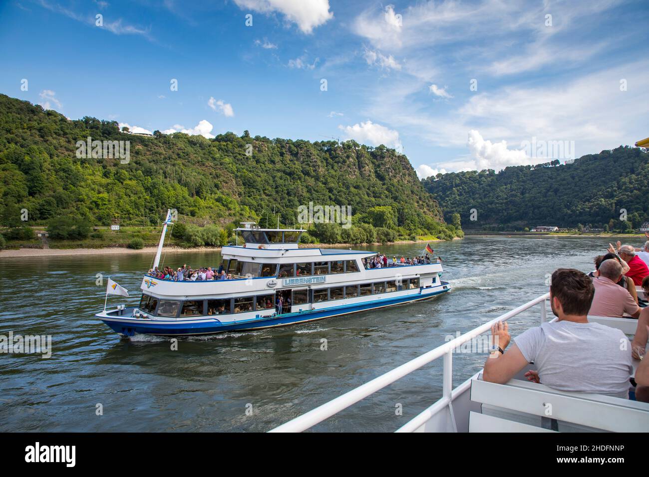 Trip with the excursion boat Vater Rhein in the Upper Middle Rhine Valley, UNESCO World Heritage Site, between Bingen and St. Goarshausen, Rhineland-P Stock Photo