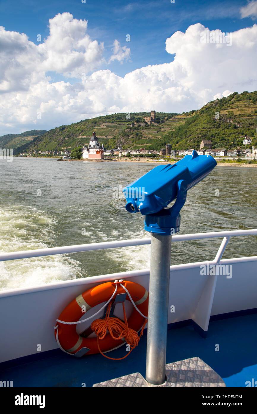 Trip with the excursion boat Vater Rhein in the Upper Middle Rhine Valley, UNESCO World Heritage Site, the town of Kaub, Pfalzgrafenstein Castle, Rhin Stock Photo