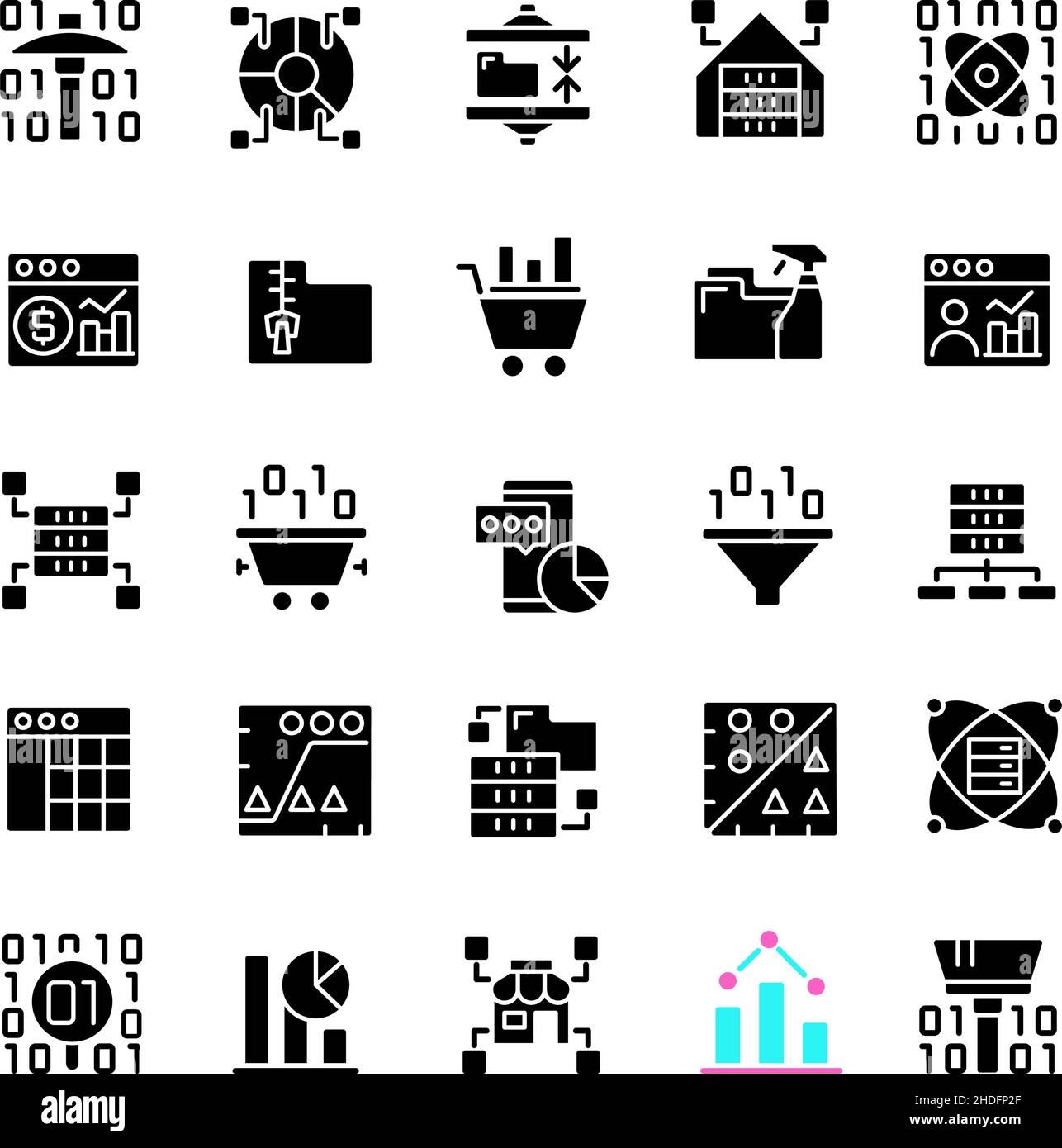 Data mining black glyph icons set on white space Stock Vector