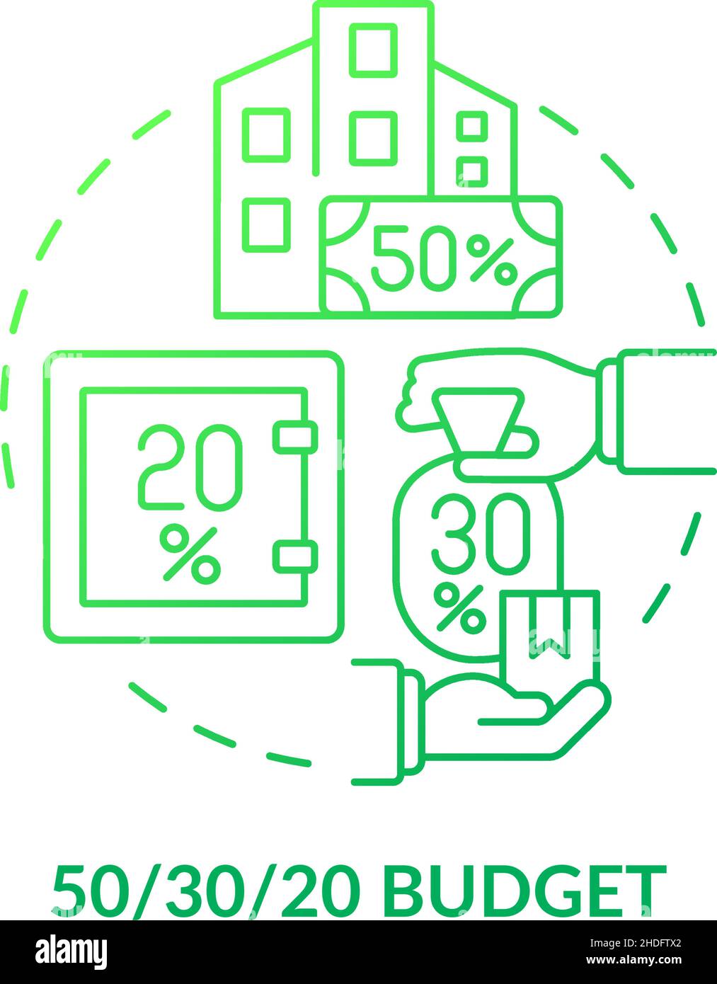 Fifty thirty twenty rule budget green gradient concept icon Stock Vector