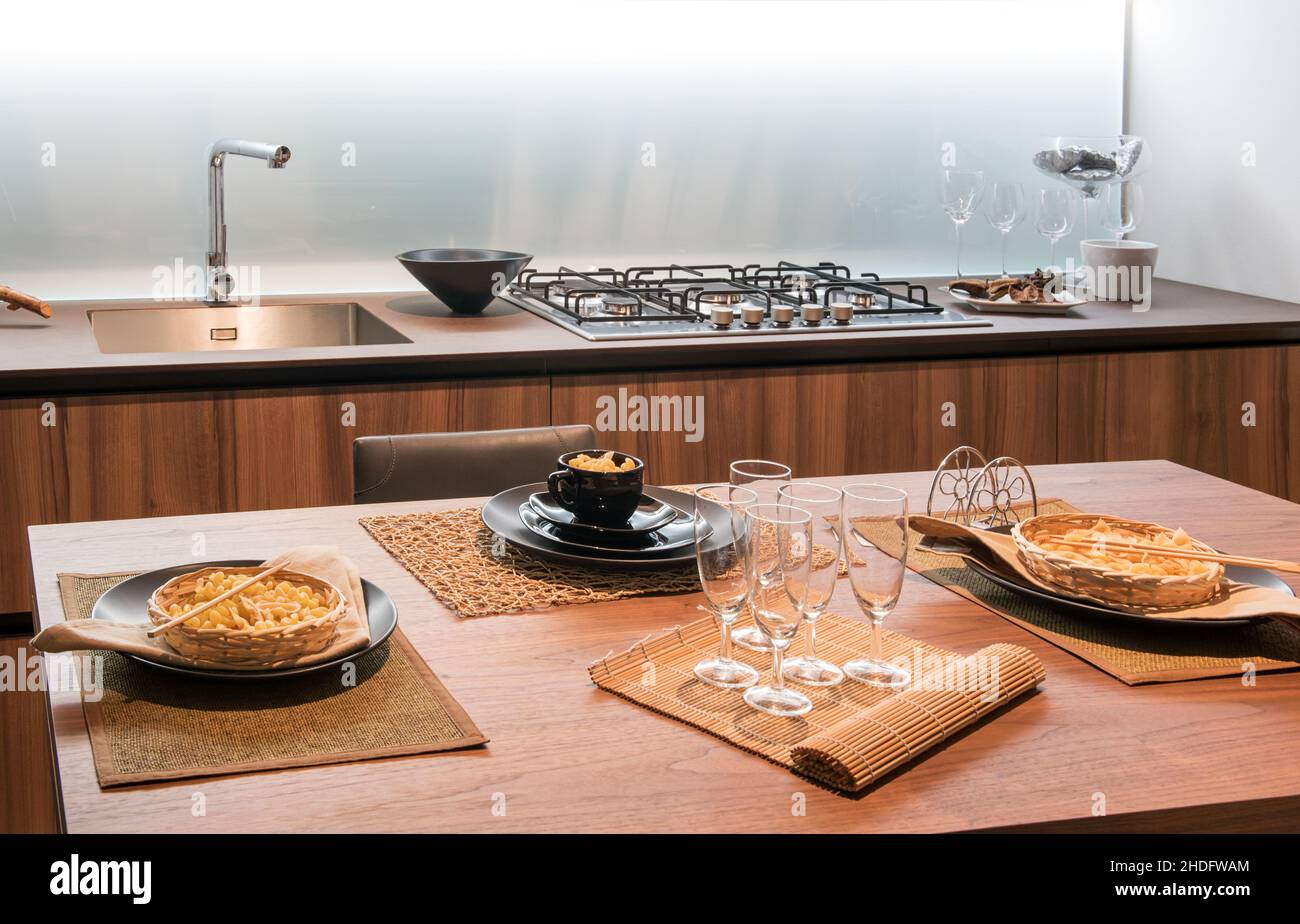 modern, kitchen, dining table, moderns, kitchens, dining tables Stock Photo