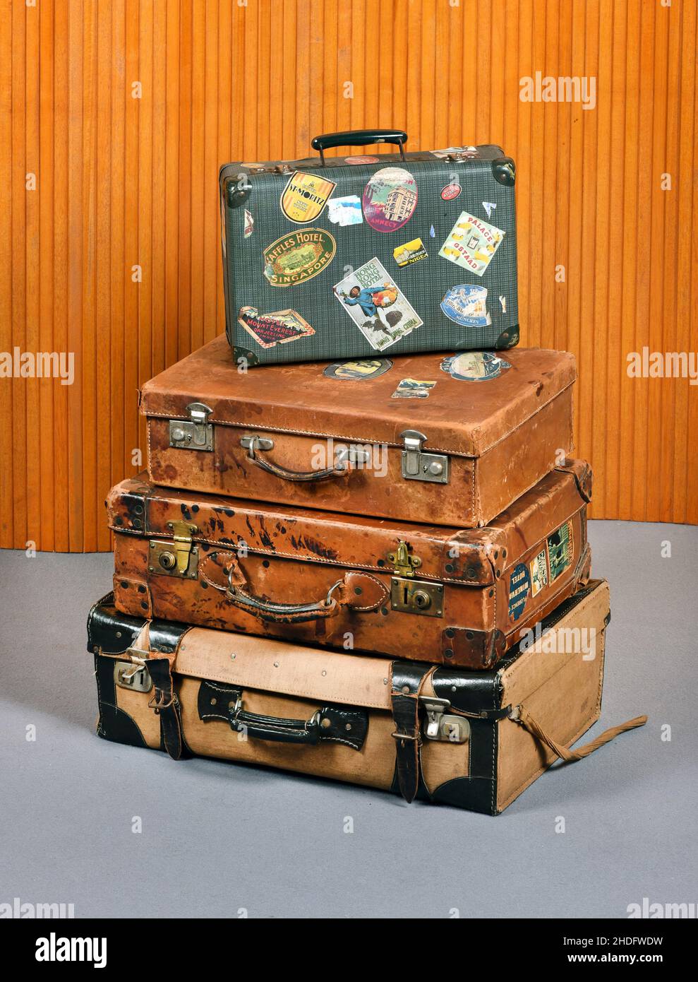 Old Vintage Leather Suitcase With Travel Stickers Vector Image Of Travel  Suitcase With Patches Set In Retro Style Stock Illustration - Download  Image Now - iStock