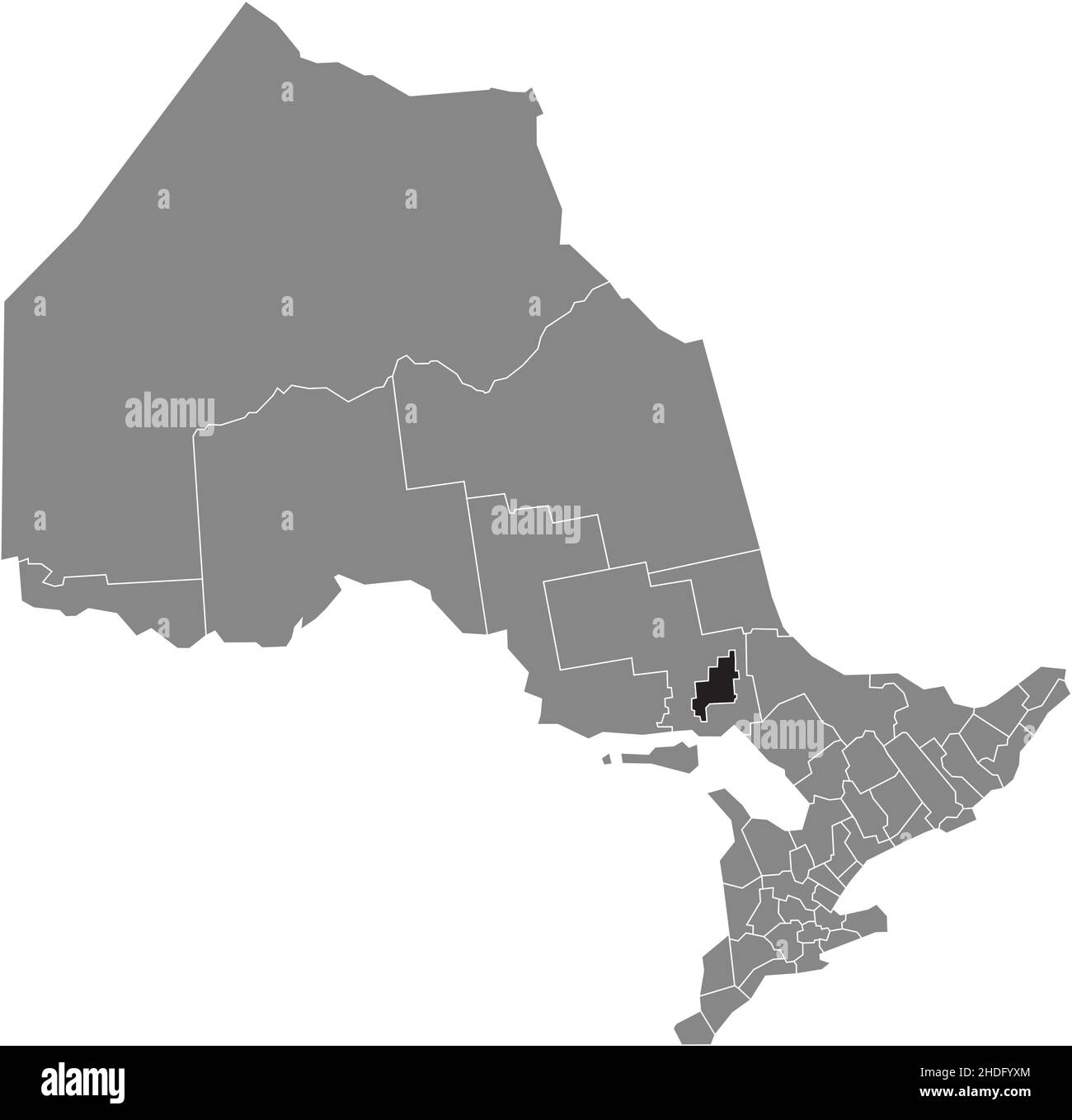 Black flat blank highlighted location map of the GREATER SUDBURY single-tier municipality inside gray administrative map of the Canadian province of O Stock Vector