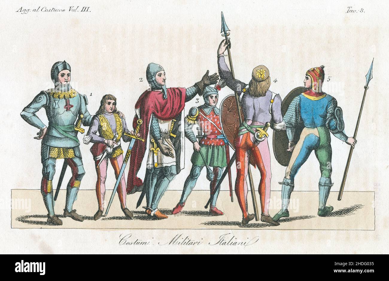 Antique c1830 hand-tinted engraving, 15th century Italian military uniforms. Published by Giulio Ferrario. SOURCE: ORIGINAL ENGRAVING Stock Photo
