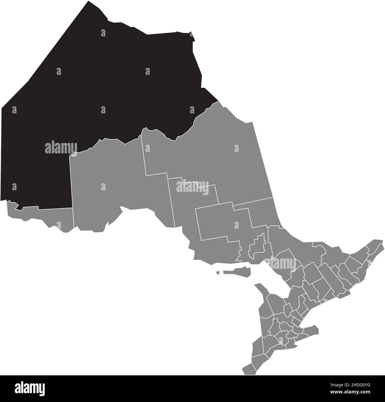 Black flat blank highlighted location map of the KENORA DISTRICT inside gray administrative map of the Canadian province of Ontario, Canada Stock Vector