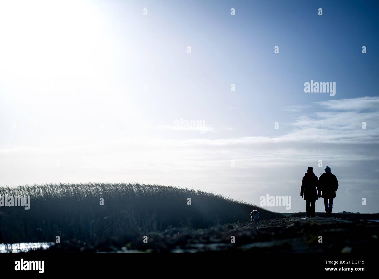 06 January 2022, Lower Saxony, Nordenham: Strollers walk along the banks of the Weser River. Photo: Sina Schuldt/dpa Stock Photo