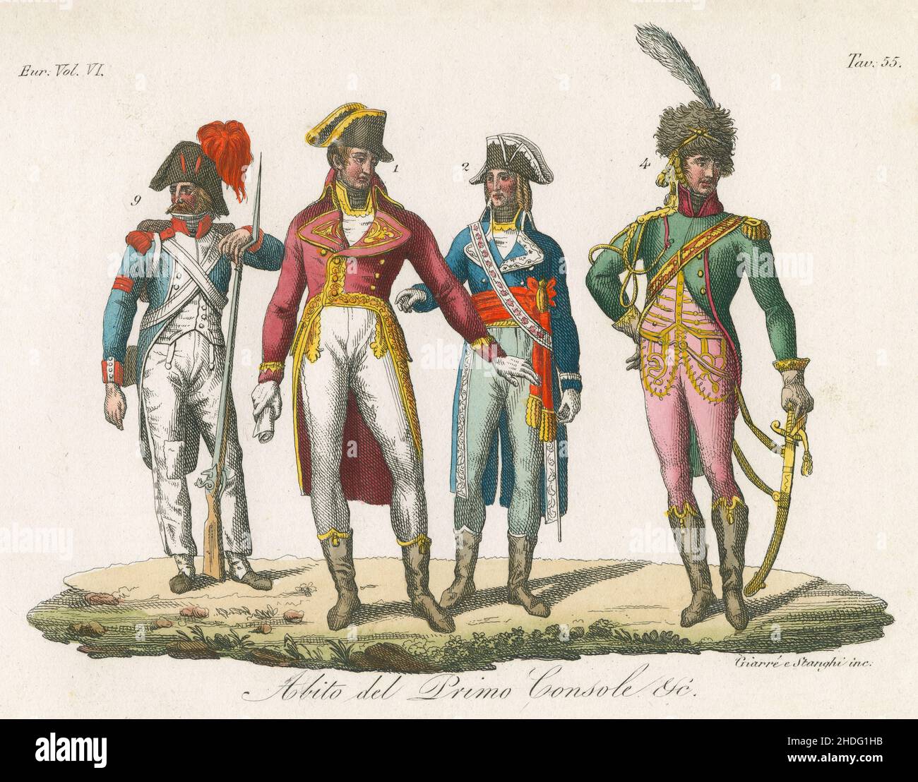 Antique c1830 hand-tinted engraving, 18th century French royal fashion with Napoleon Bonaparte, as First Consul (Premier consul) and others. Published by Giulio Ferrario. SOURCE: ORIGINAL ENGRAVING Stock Photo