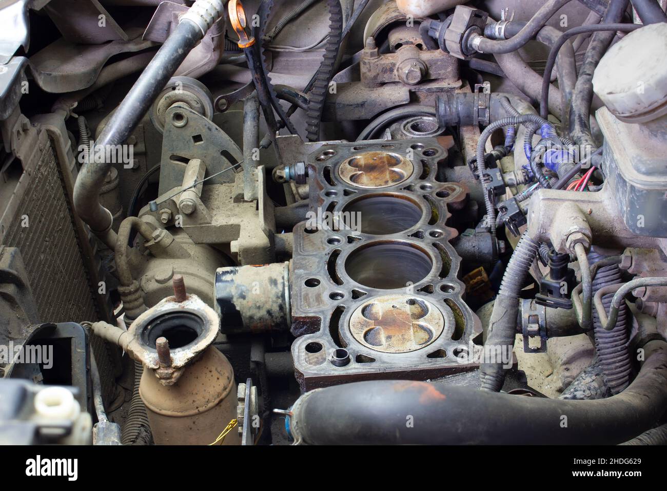 Car engine without cylinder head. Repair of the internal combustion engine. Stock Photo