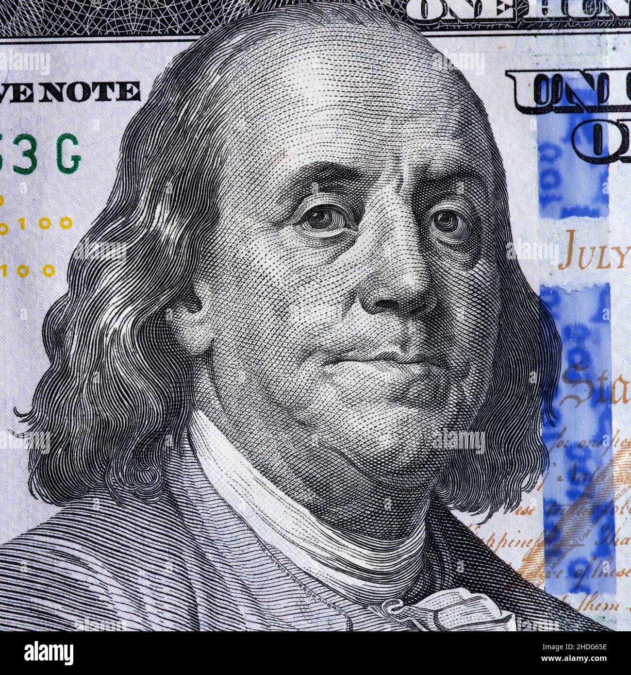 Benjamin Franklin on a one hundred dollar bill. Close up. Stock Photo