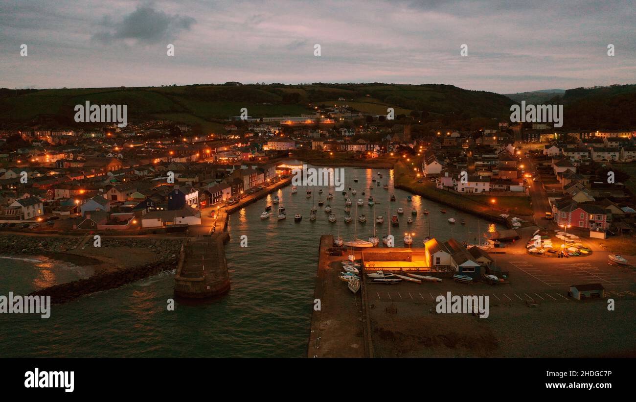 Aerial Photograph of Aberaeron Harbour, Town and Coastal Path at Dusk ...