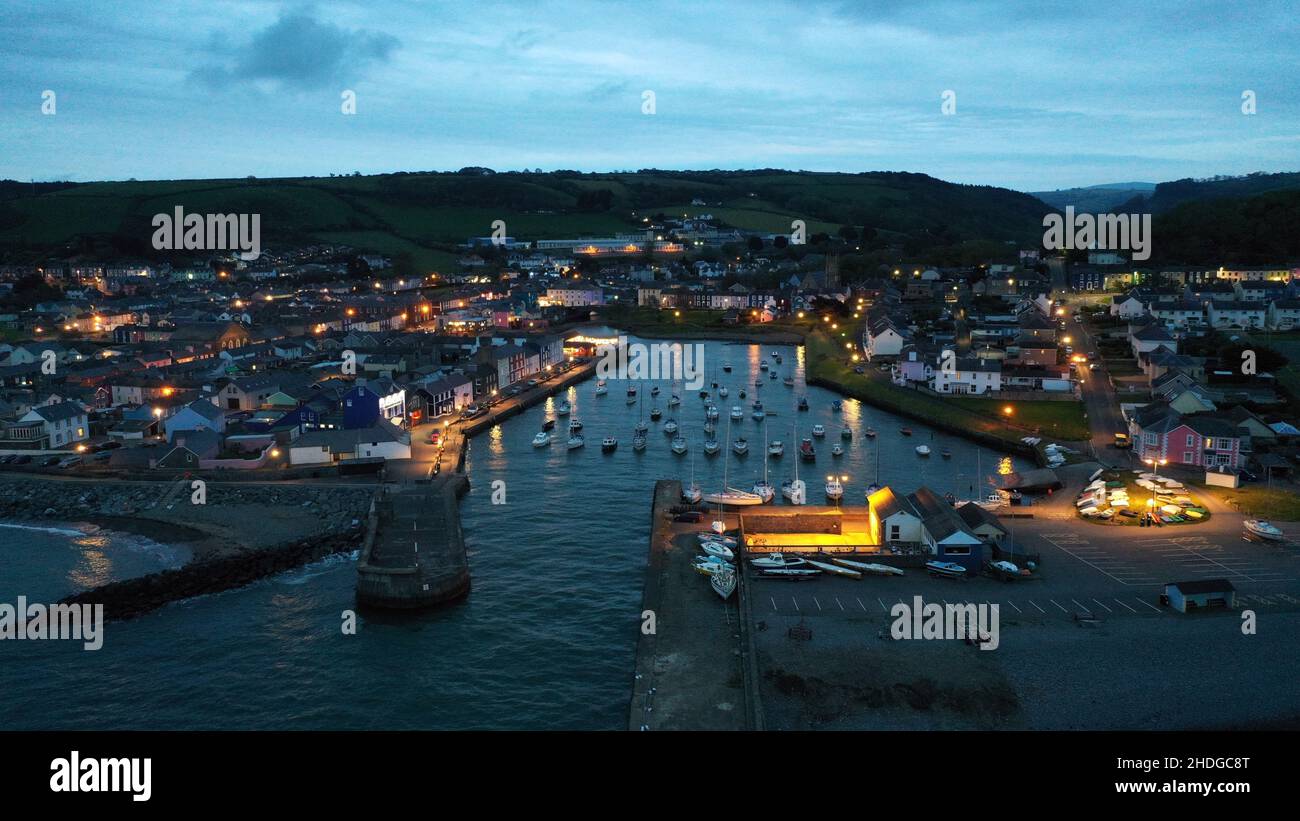 Aerial Photograph of Aberaeron Harbour, Town and Coastal Path at Dusk ...