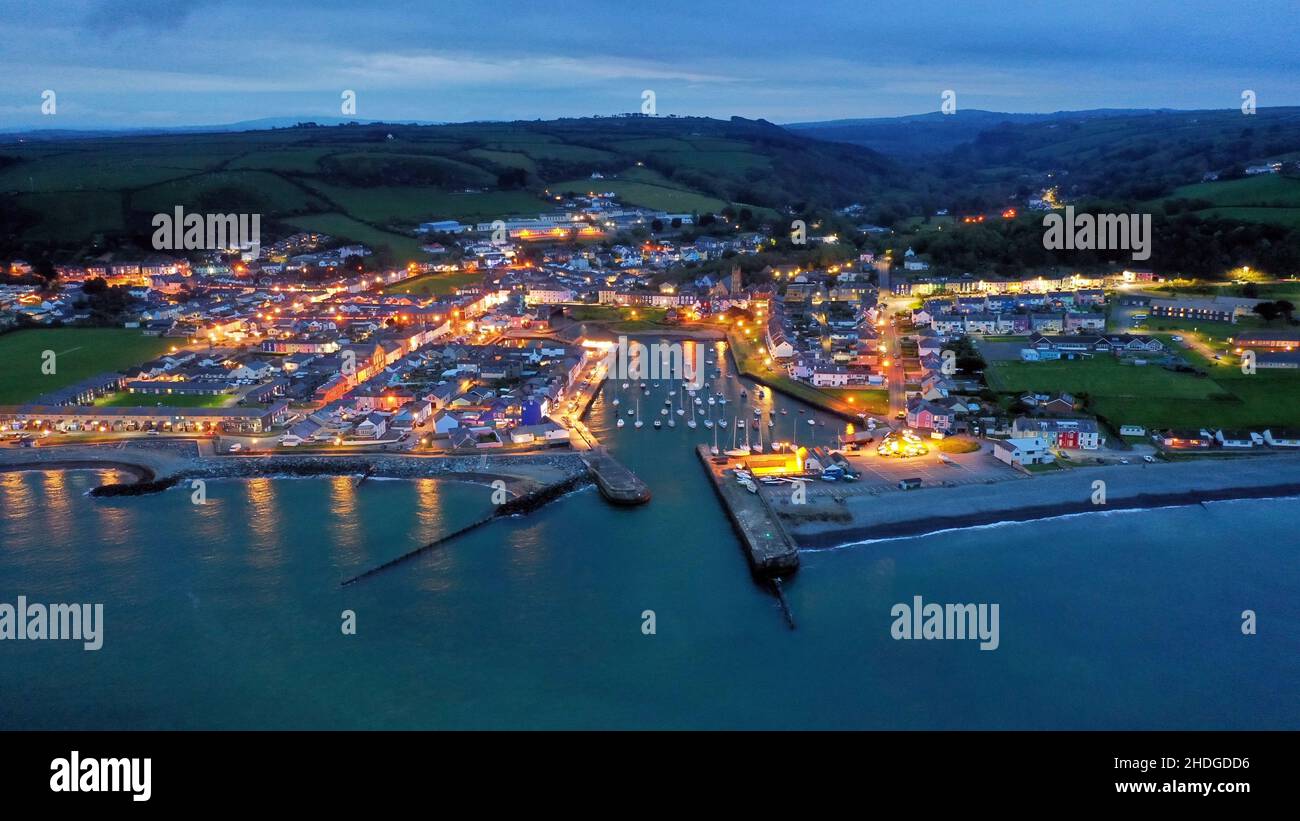 Aerial Photograph of Aberaeron Harbour, Town and Coastal Path at Dusk ...