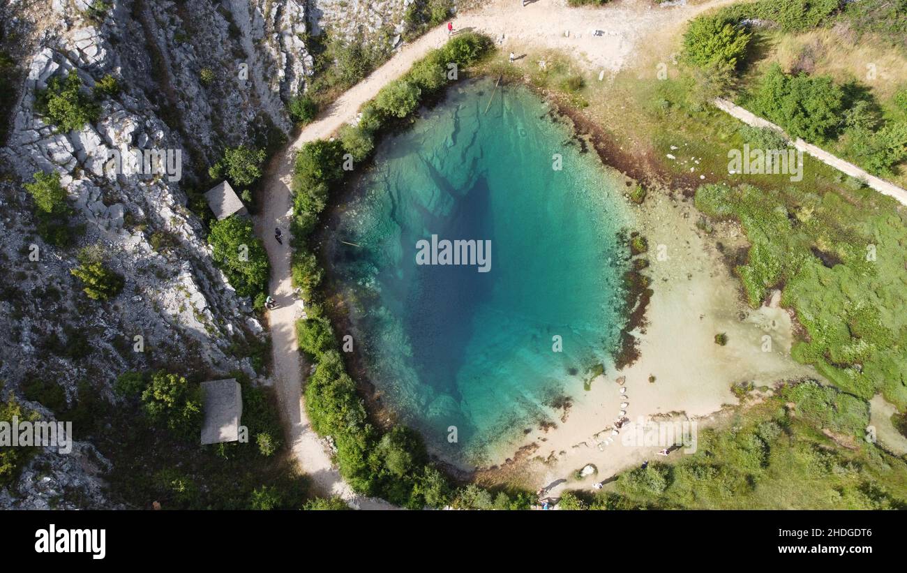 Top view of Karst spring or Karstic spring, Cetina, Croatia. Stock Photo