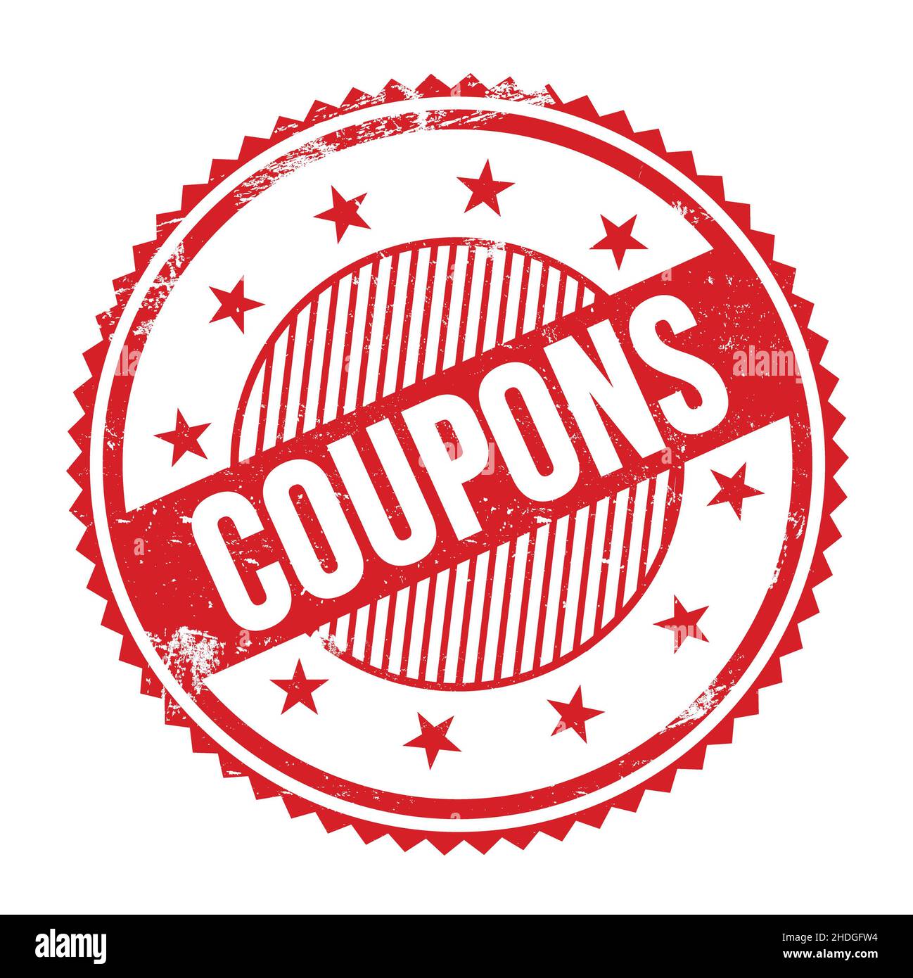 COUPONS text written on red grungy zig zag borders round stamp Stock