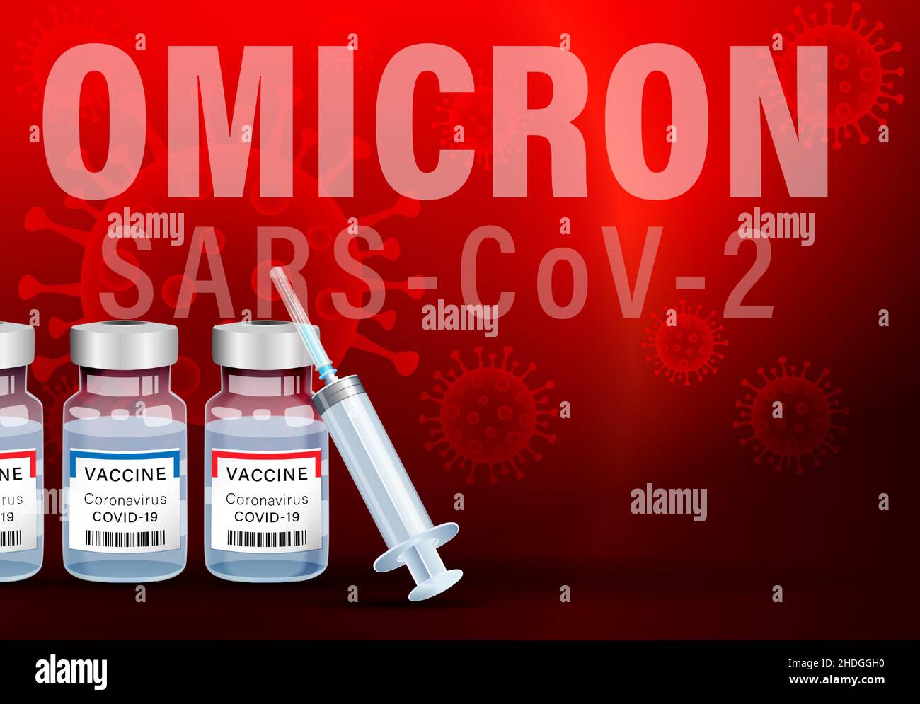 Omicron COVID-19 vaccine bottles and syringe, web banner. Covid vaccines have to be updated for new SARS-CoV-2 (B.1.1.529). Text Omicron and red virus Stock Vector