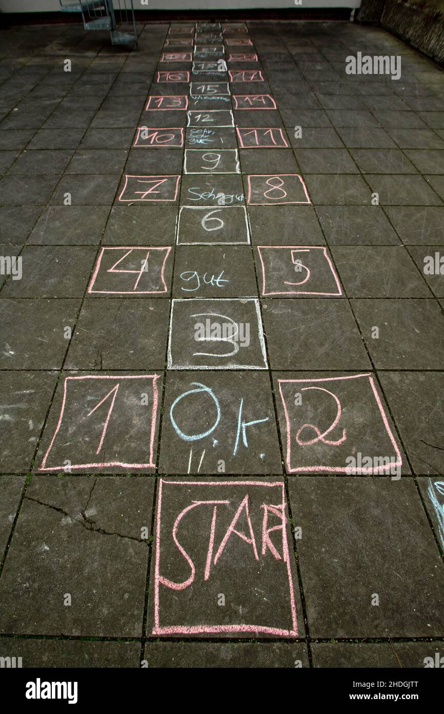 playing field, children's game, chalk drawing, hopscotch, playing fields, children's games, hopscotchs Stock Photo