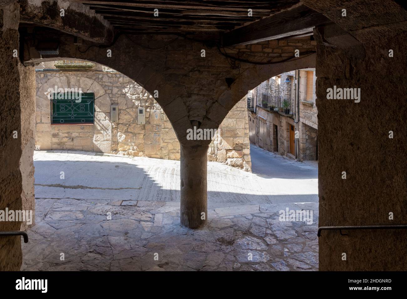 arcaded street in the town of Guimera in Catalonia Stock Photo