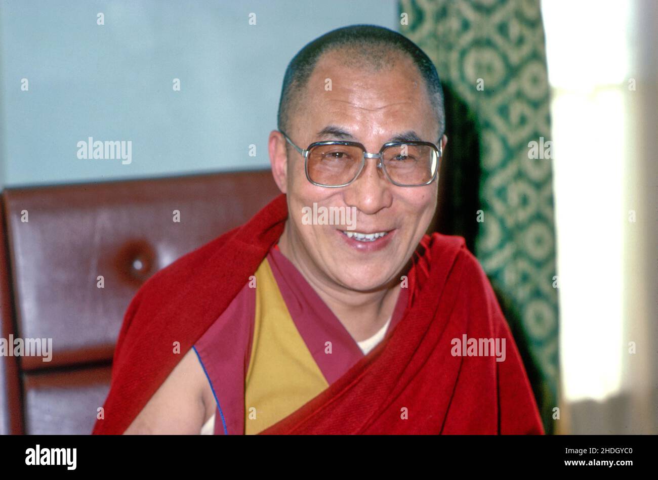 Portrait of H.H. Dalai Lama smiling. Namgyal Monastery, Mc.Leod Ganj, Himachal Pradesh, India Stock Photo