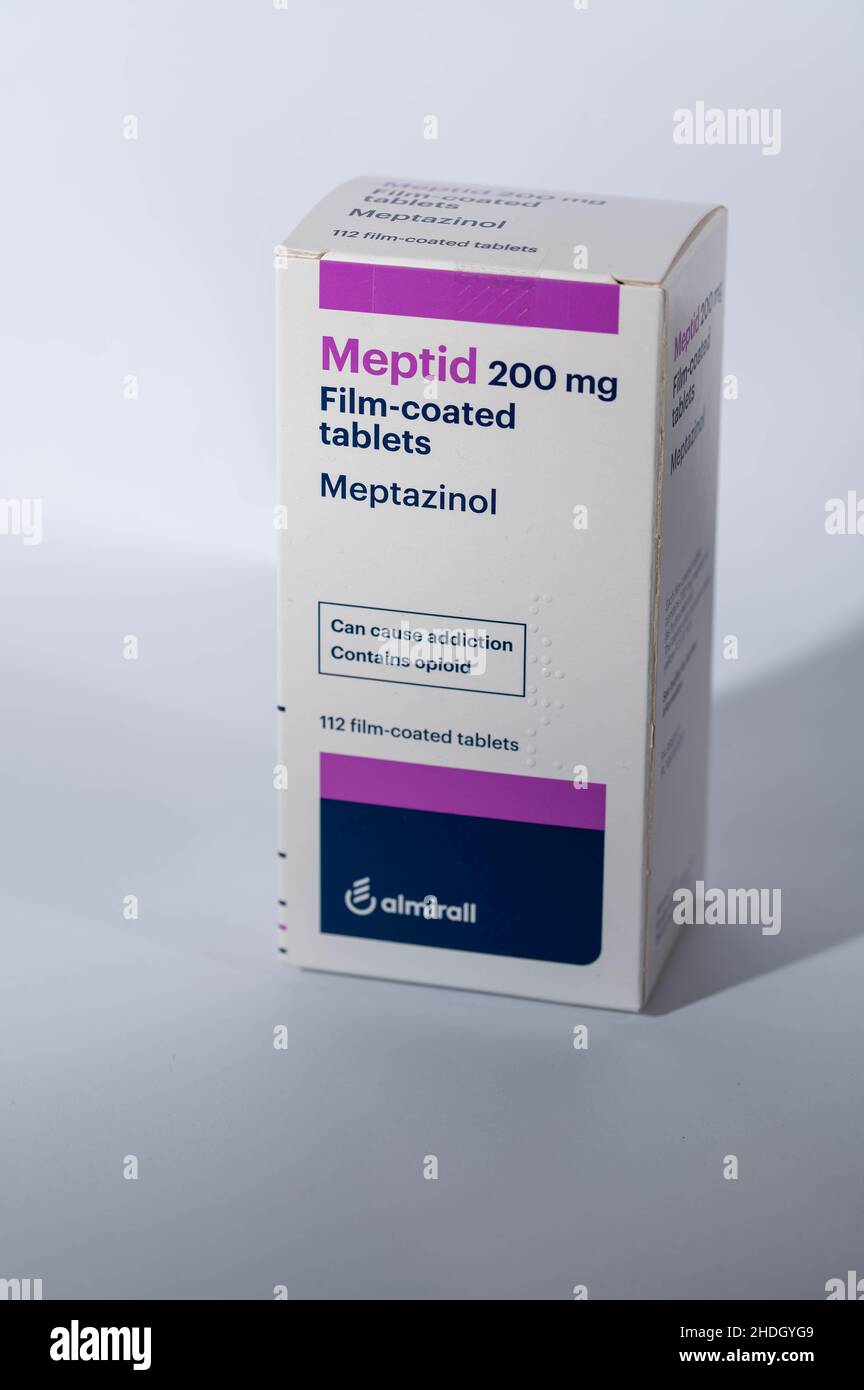 A view of a box of Meptazinol (Meptid) a synthetic opioid tablet 200 mg Stock Photo