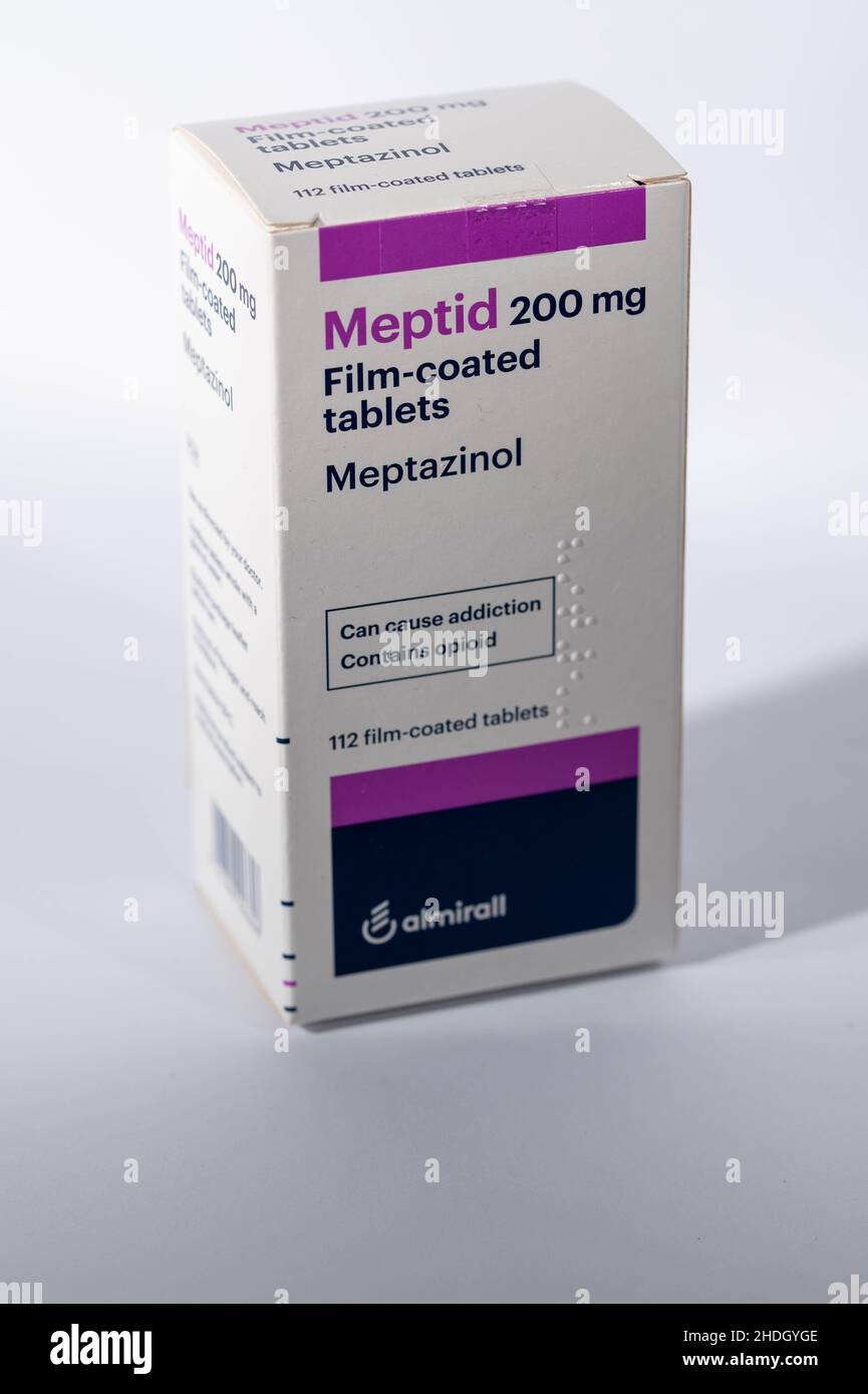 A view of a box of Meptazinol (Meptid) a synthetic opioid tablet 200 mg Stock Photo