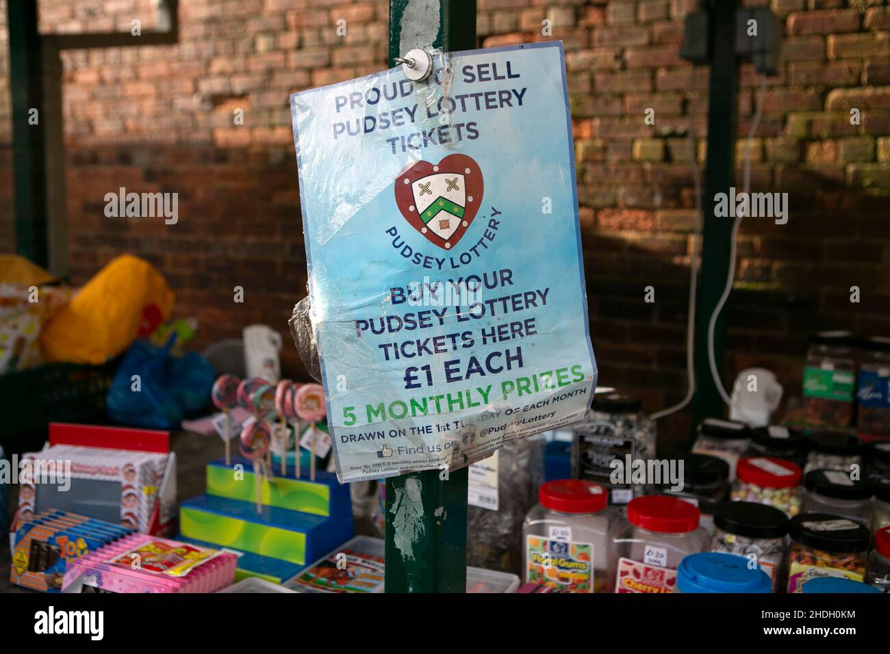 Pudsey Lottery tickets for sale in the Market town of Pudsey in West Yorkshire,England. Pudsey is located half way between Bradford city centre and Le Stock Photo