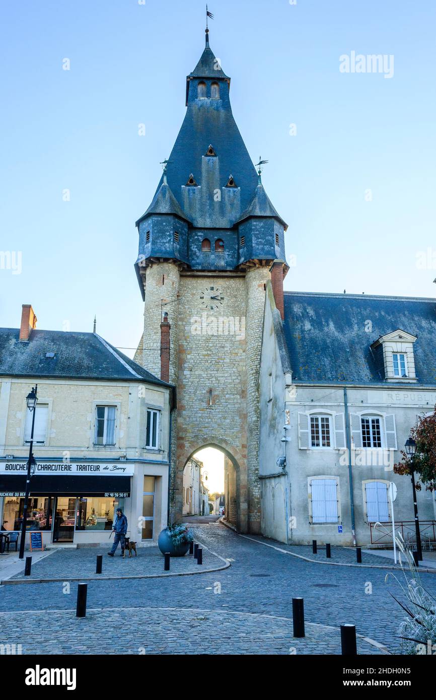 France, Cher, Route Jacques Cœur, Dun sur Auron, the belfry // France, Cher (18), Route Jacques Cœur, Dun-sur-Auron, le beffroi Stock Photo