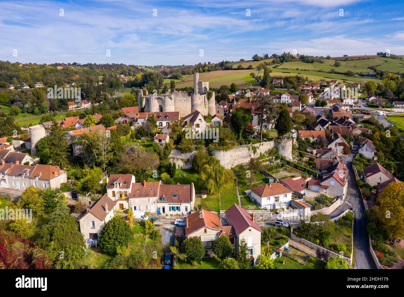 France, Allier, Bourbonnais,  Billy, old castle dated 12th century high place of the Bourbons history (aerial view) // France, Allier (03), Bourbonnai Stock Photo