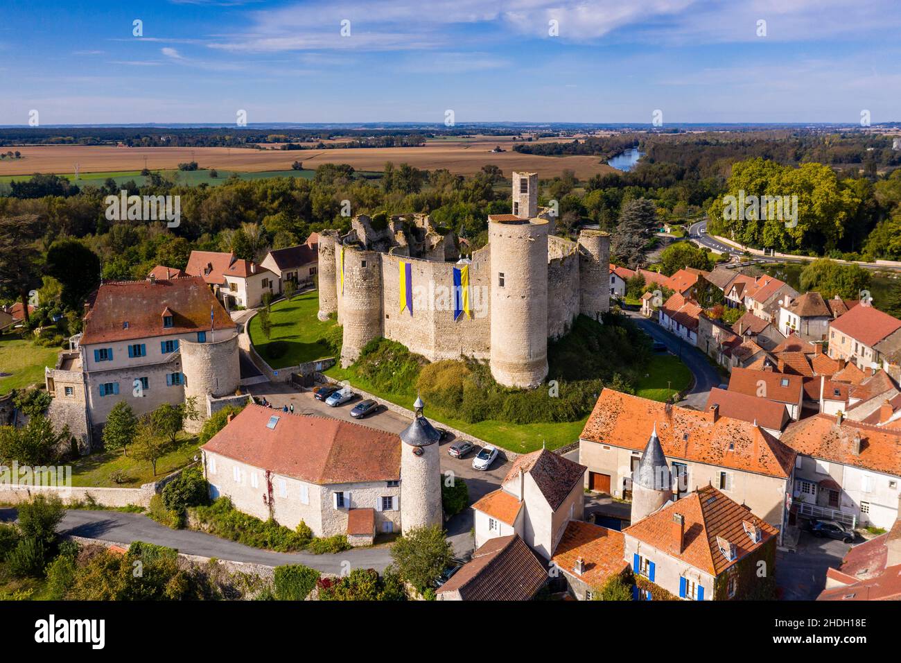 France, Allier, Bourbonnais,  Billy, old castle dated 12th century high place of the Bourbons history (aerial view) // France, Allier (03), Bourbonnai Stock Photo