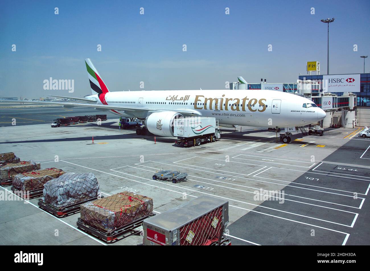 Emirates aircraft at gate, Dubai International Airport, Al Garhoud, Dubai, United Arab Emirates Stock Photo