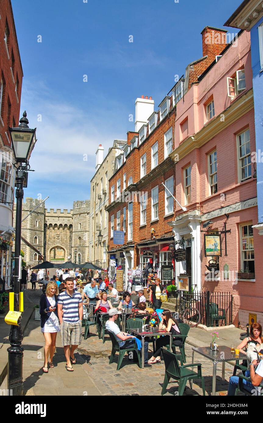 Outdoor restaurants, Church Street, Castle Hill, Windsor, Berkshire, England, United Kingdom