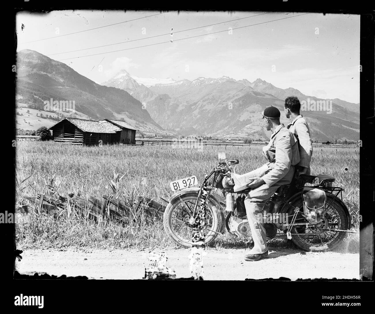 young man, motorcycle, european alps, historical photo, guy, man, men, young, motorbike, motorbikes, motorcycles, historical photos Stock Photo